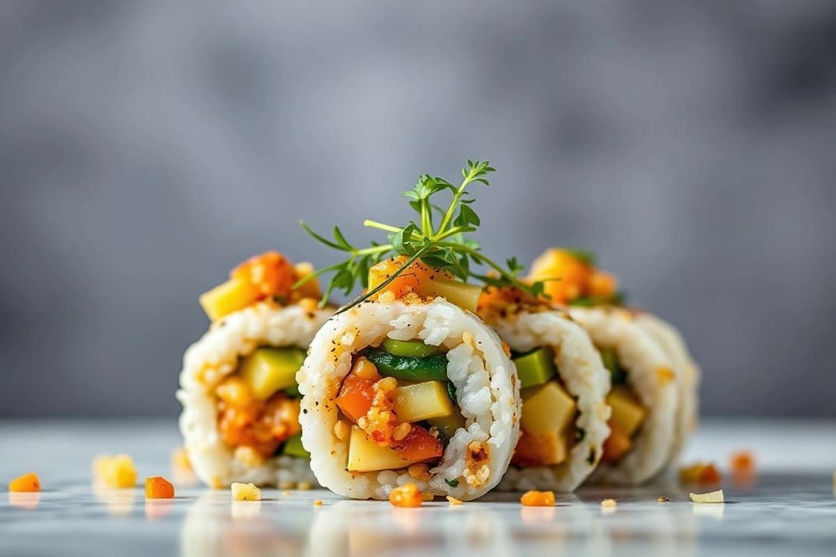 Sushi de verduras Peruano con quinoa, aguacate y salsa de aji amarillo