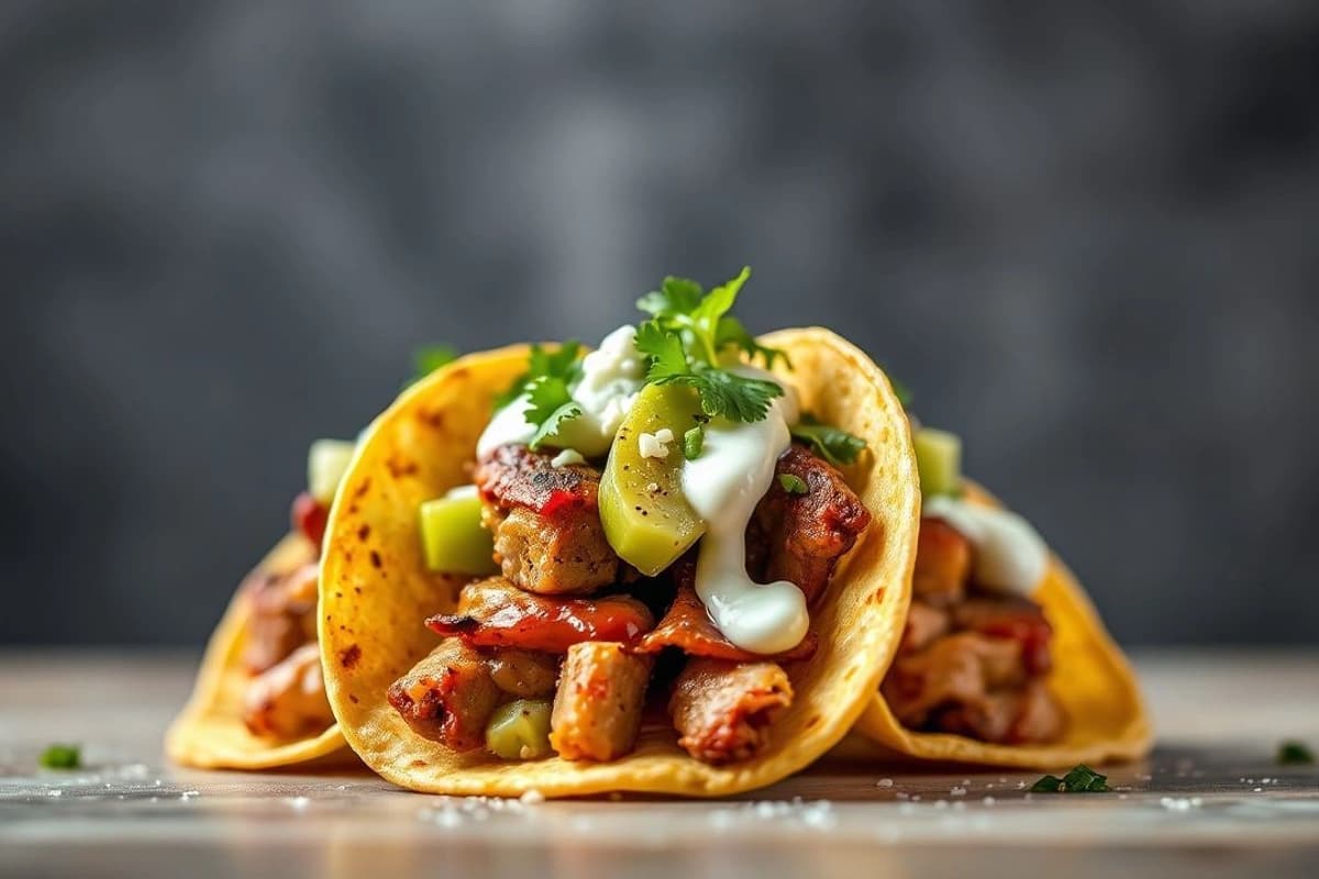 Tacos de cerdo asado con salsa de chipotle, aguacate fresco y queso crema