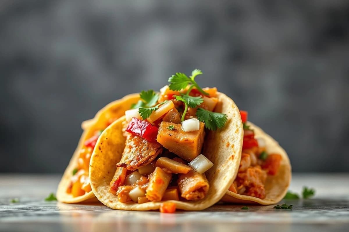 Tacos de cerdo coreano con kimchi fresco y salsa de soja estilo mexicano
