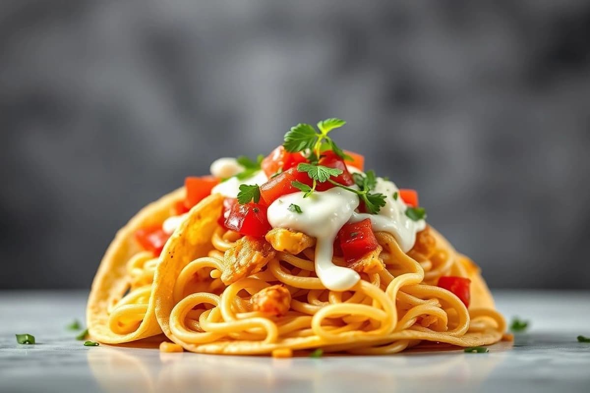 Tacos de fideo con cerdo asado, salsa de tomate casera y crema agria