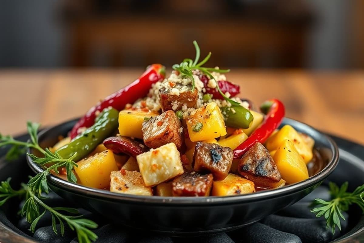 Tagine de verduras a la parrilla con berenjenas, calabacines y pimientos rojos