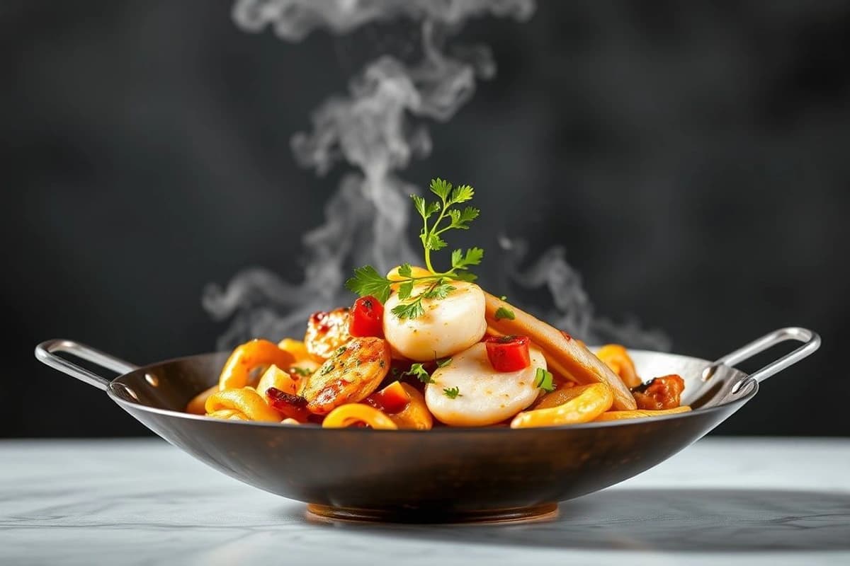 Tailandés Fiesta en un Wok: Pescado Blanco con Salsa de Tamarindo y Estrellas de Pollo