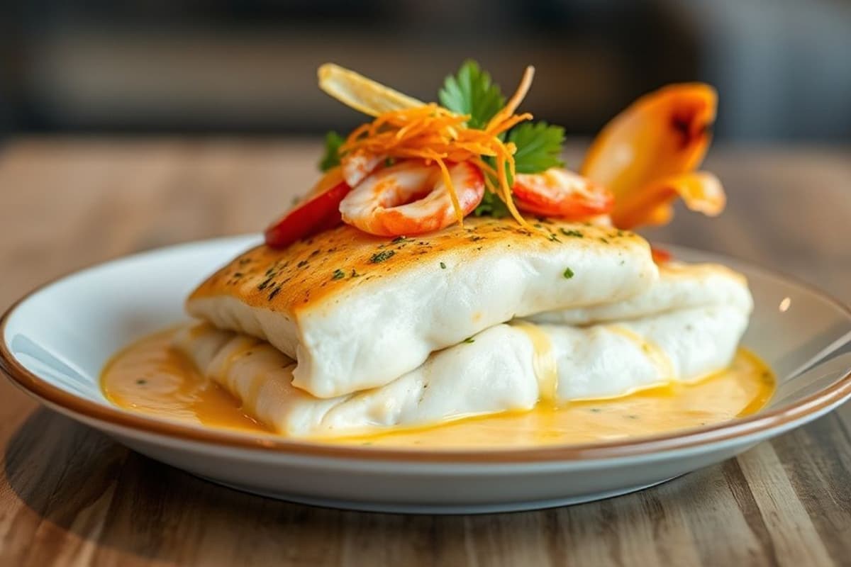 Tallarín de Pescado Blanco con Ají Amarillo y Mariscos en Salsa de Aji Panca y Leche de Coco