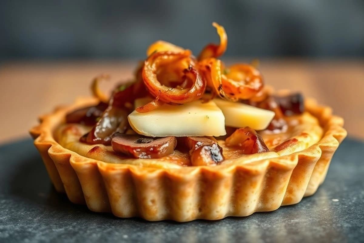 Tarta de cordero asado con cebolla caramelizada y queso manchego fundido