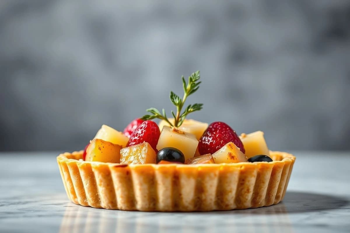 Tarta de invierno de tofu y soja con frutas y salsa de ginger y canela