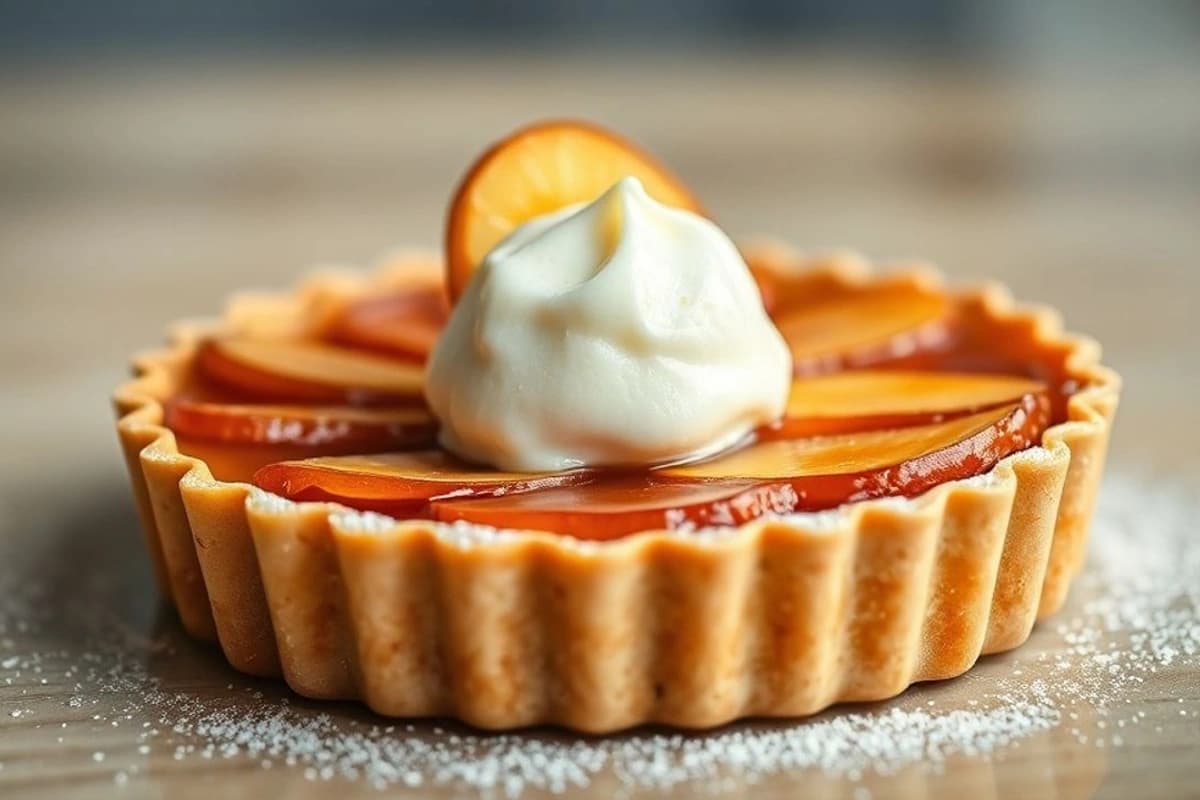 Tarta de manzana caramelo con corteza de almendras y helado de vainilla