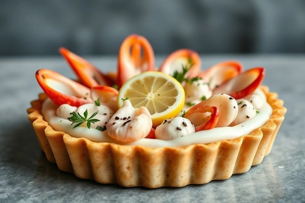 Tarta de mariscos griega con crema de limón y tostar de pinones