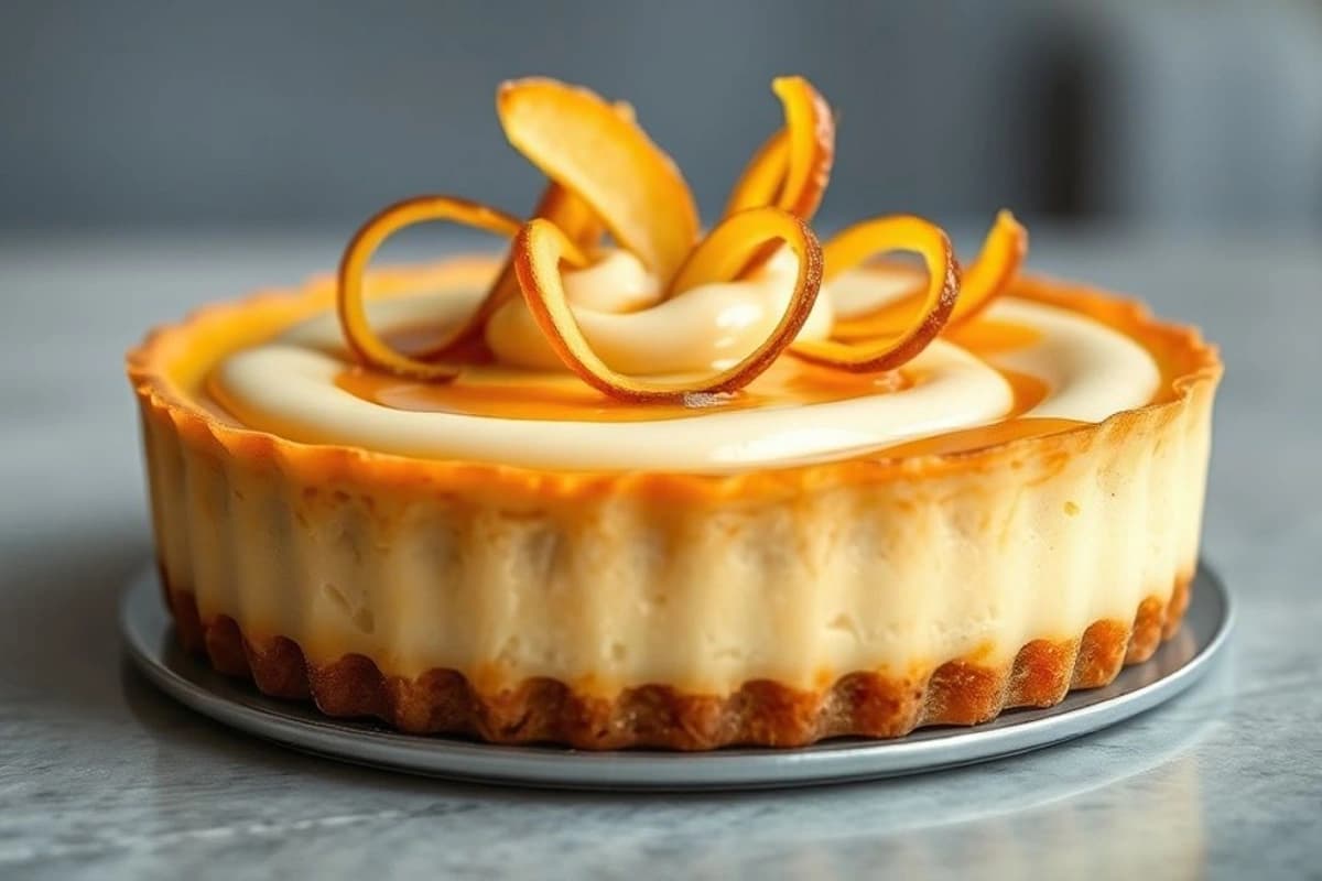 Tarta de piña caramelizada con crema de vainilla y trozos de panceta crujiente