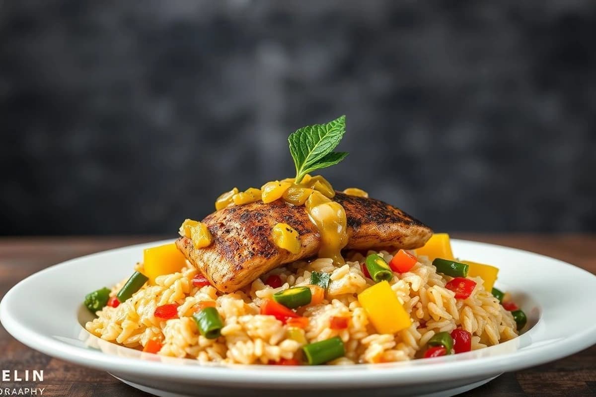 Ternera a la Parrilla con Salsa de Mango y Chile, servida con Arroz de Coco y Verduras Stir-Fry