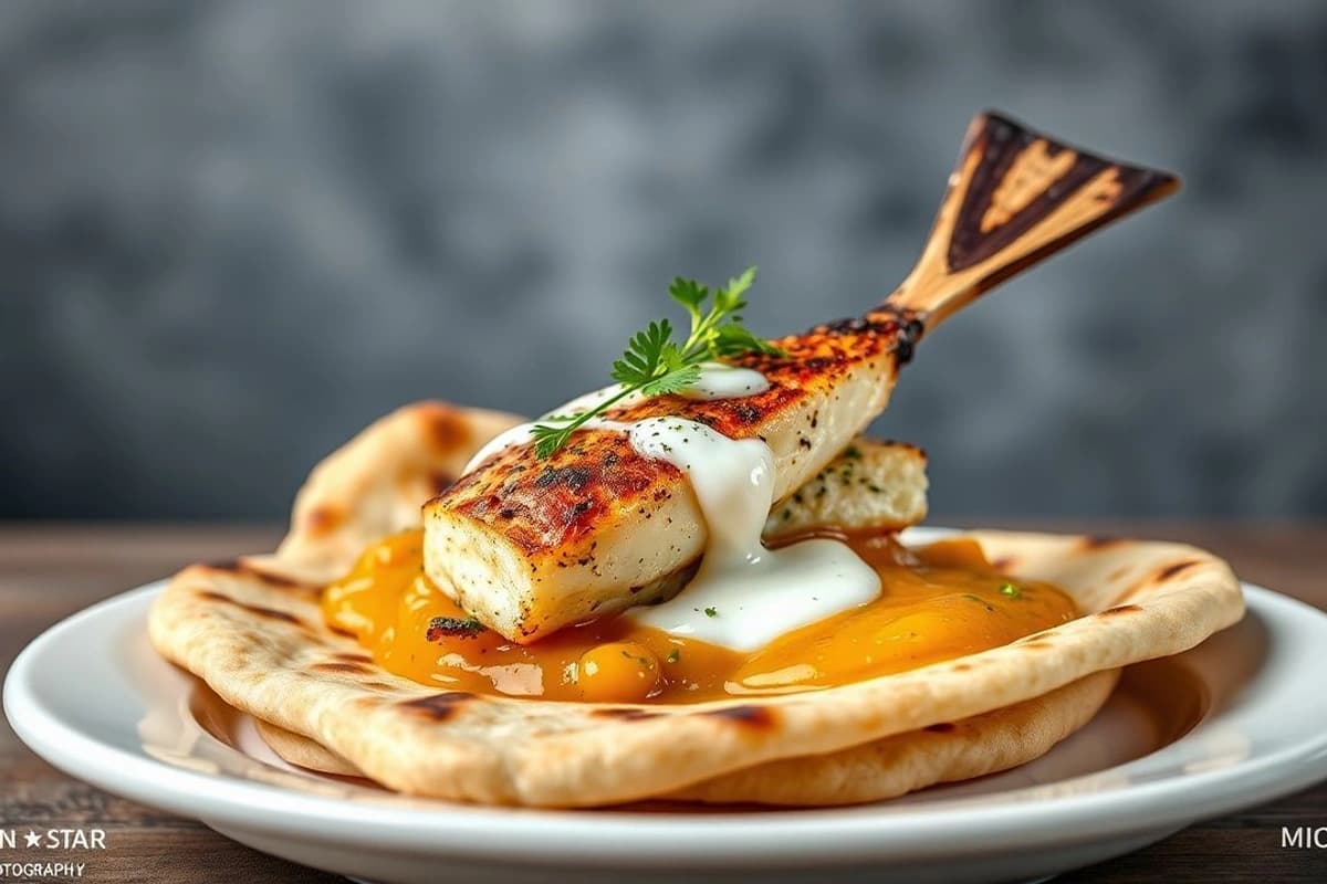 Tikka Pescado Azul con Yogur y Menta, servido con Naan calentito y Chutney de Mango casero