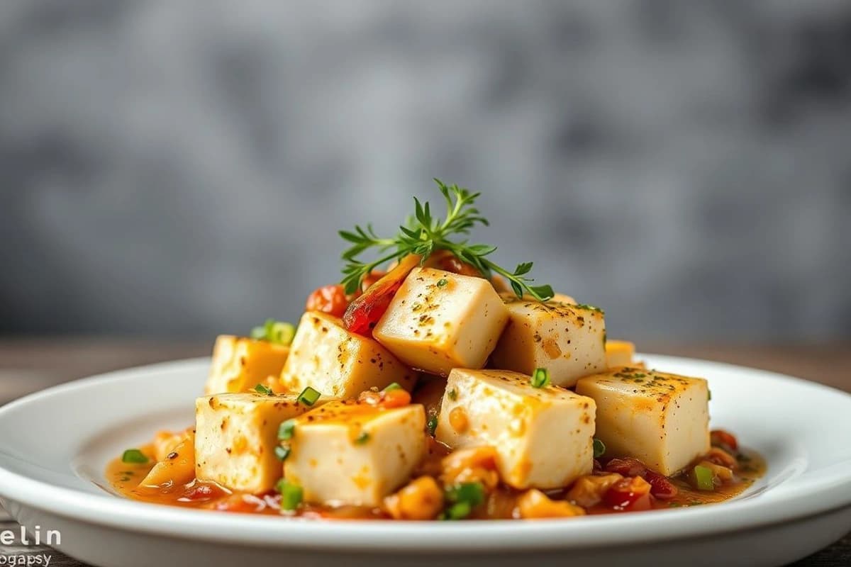Tofu a la portuguesa con mezcla de hierbas frescas y cebolla caramelizada