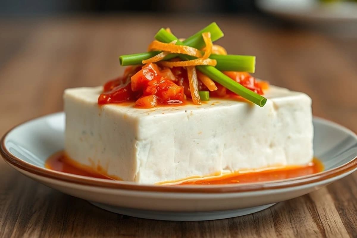 Tofu coreano adobado con kimchi casero y hierbas frescas