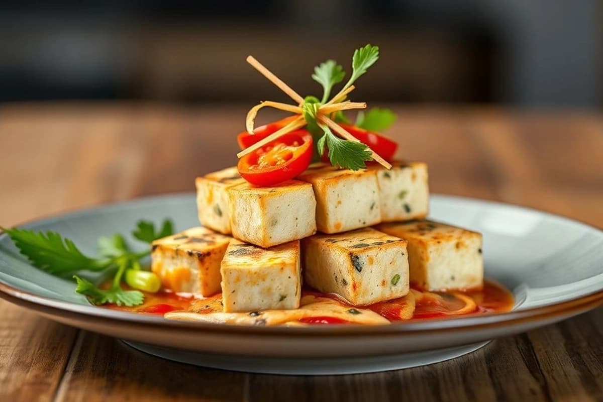 Tofu Satay Tailandés con Salsas Francesas: Un Plato de Fuego con un Toque de Exquisito