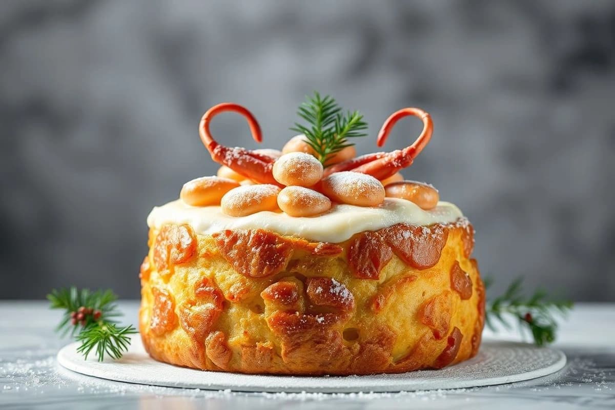 Torta de Navidad: Panettone relleno de crema pastelera con gambas al horno y melocotón fresco