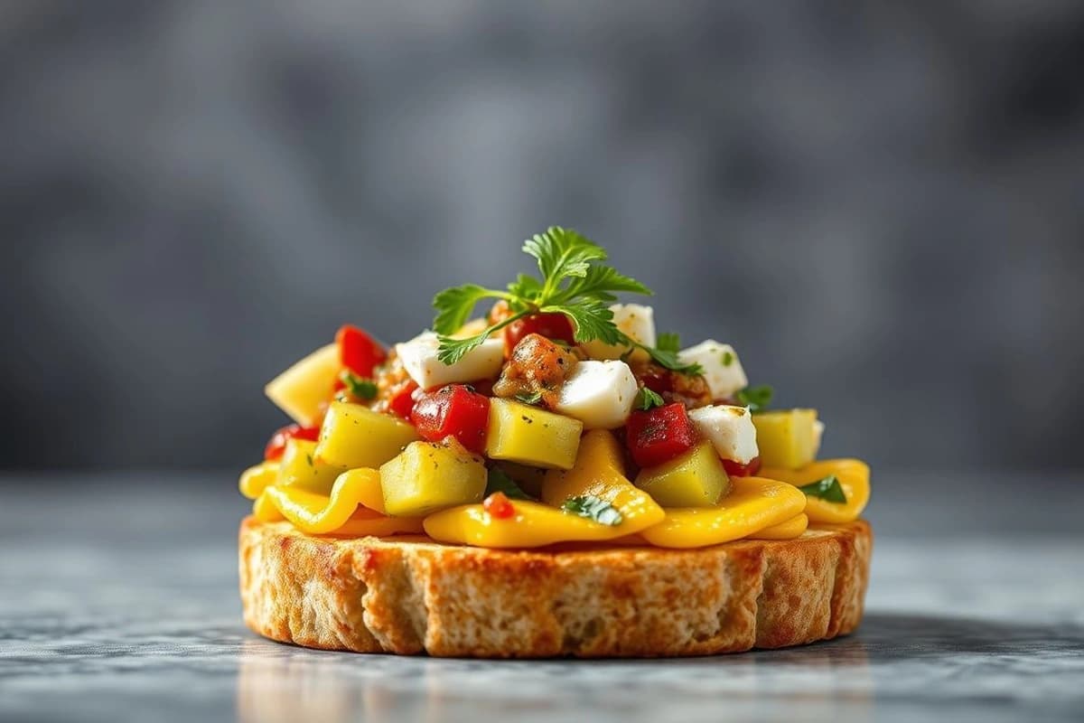 Torta de Ternera con Tostada de Aguacate, Queso Oaxaca fundido y Salsa de Chipotle