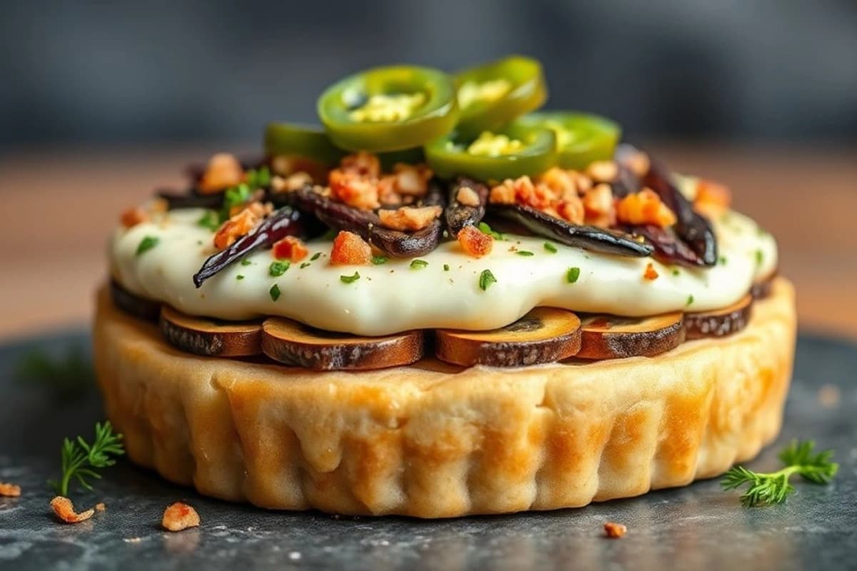 Torta de Ternera y Champiñones con Salsa de Cabrales y Crema de Jalapeño