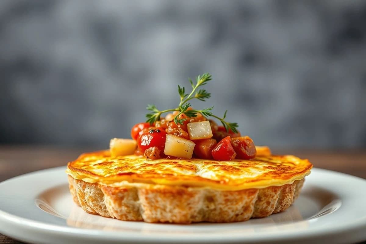 Tortilla de espinacas y champiñones con salsa de pimentón y crostini de pan de centeno