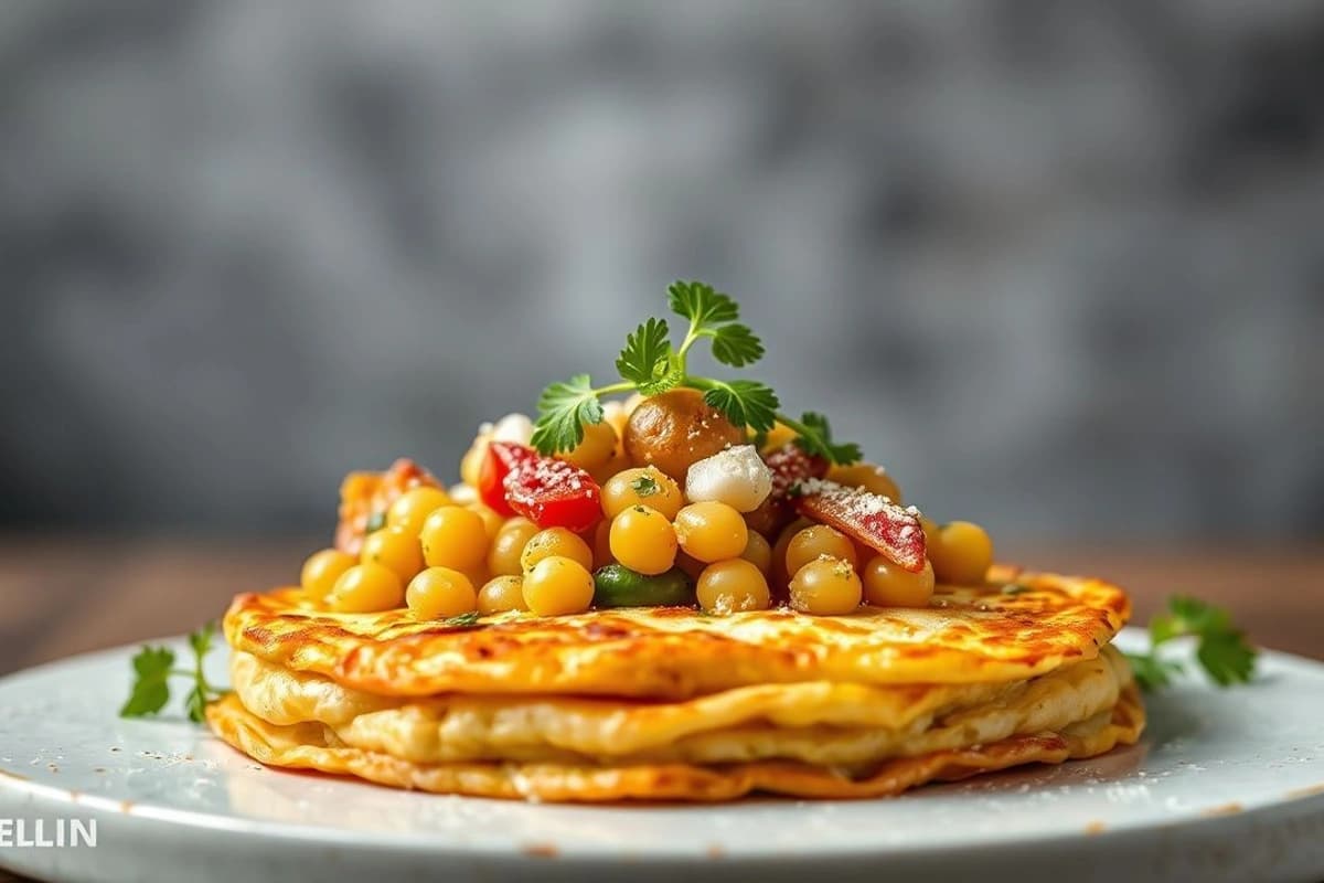Tortilla de garbanzos y judías verdes con tomate fresco y lechuga crujiente