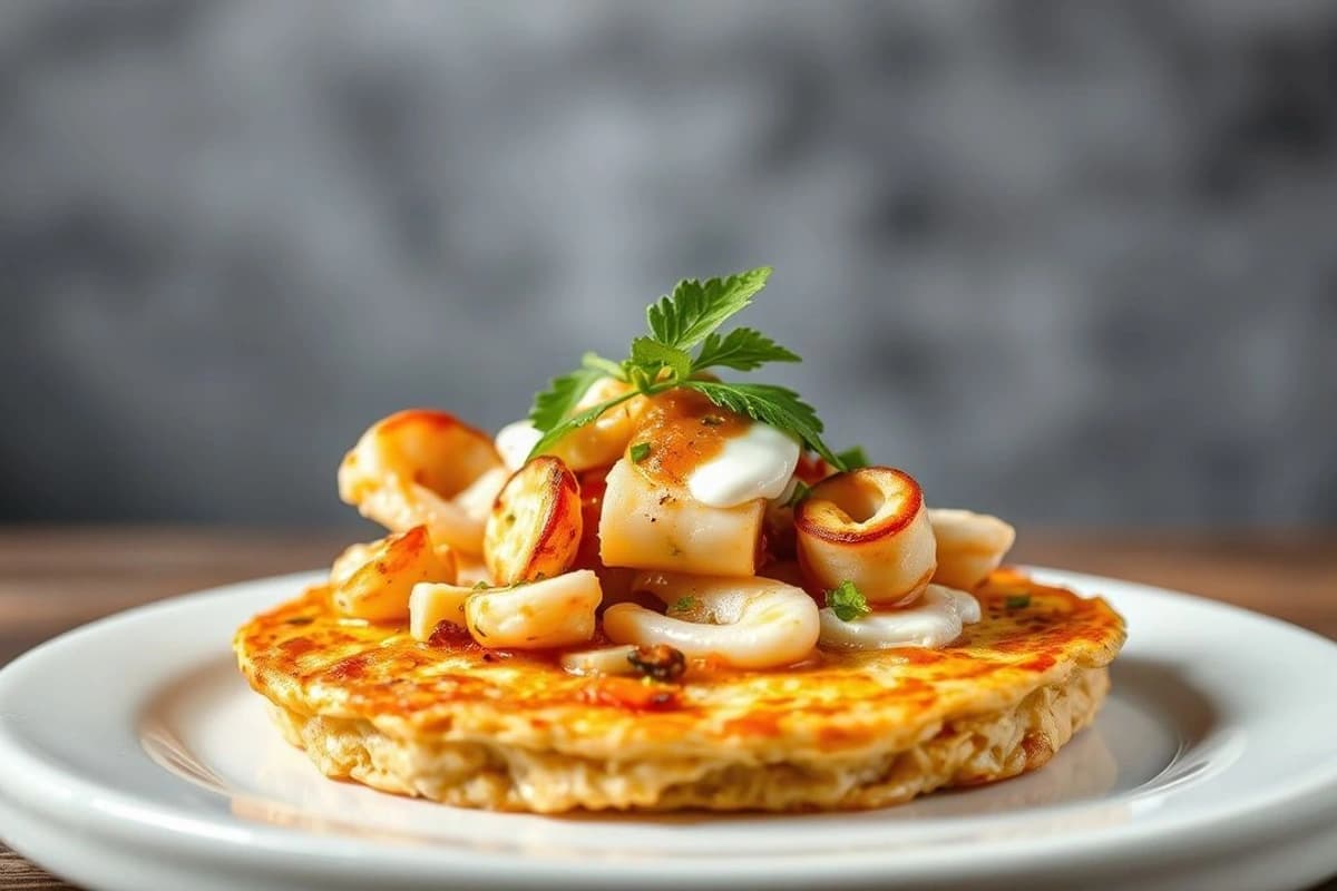Tortilla de Mariscos Vietnamita con Crema de Coco y Salsa de Tamarindo