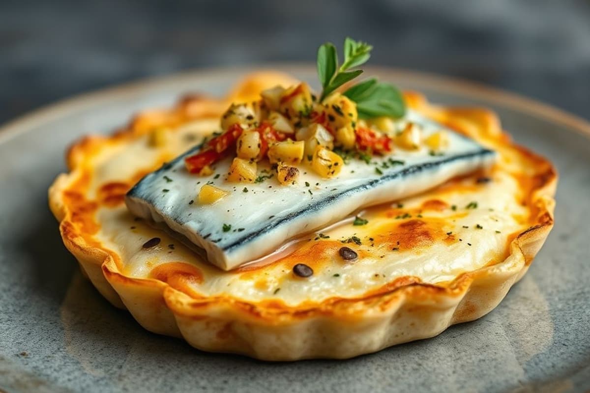 Tortilla de Pescado Azul con Flor de Calabacín Tostado y Salsa de Ajo Picante