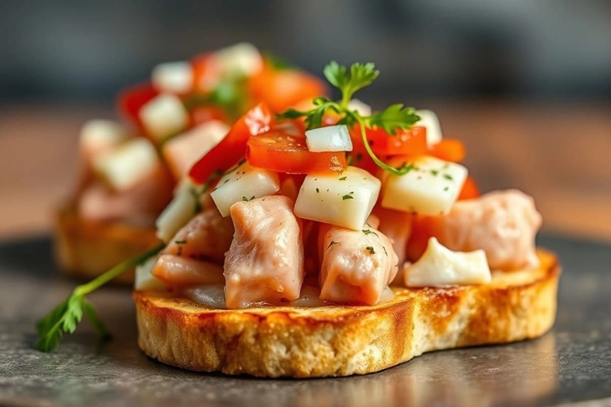 Tostadas de cerdo con salsa de jitomate cernido y queso Oaxaca derretido