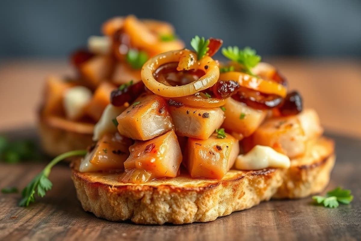 Tostadas de Ternera Asada con Salsa de Chipotle y Cebolla Caramelizada