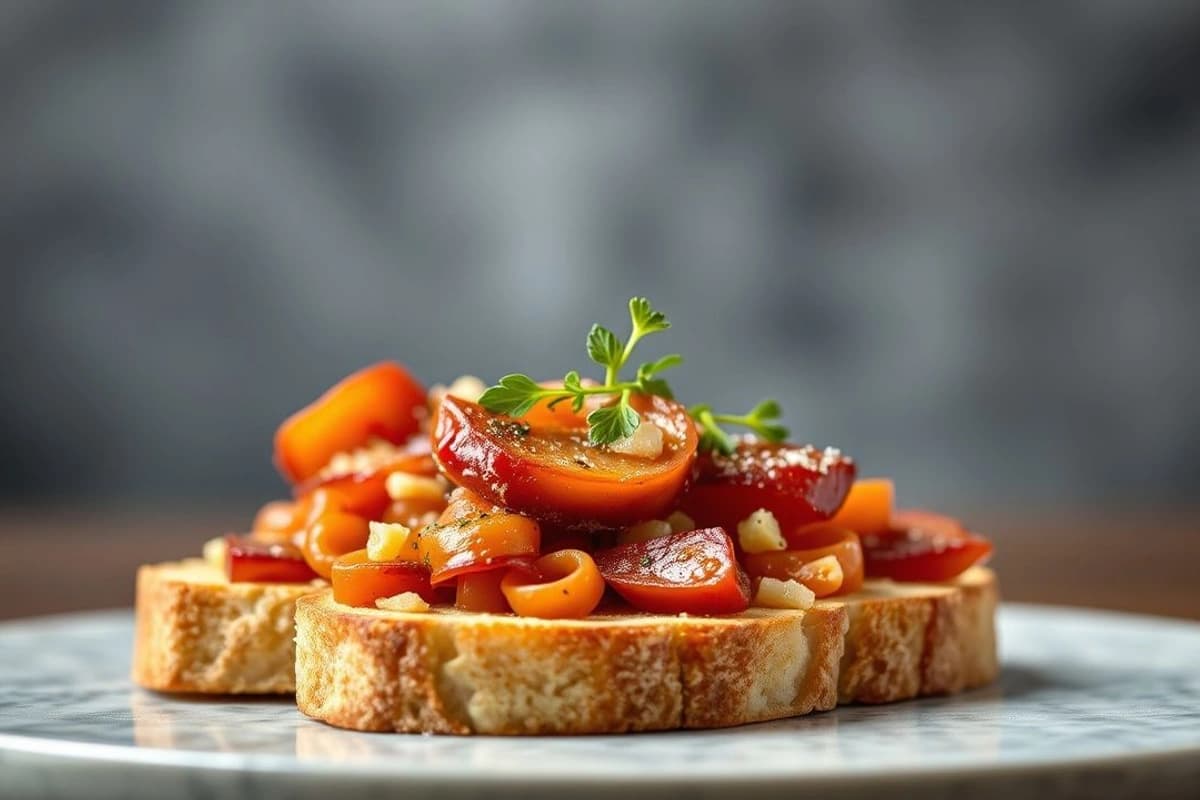 Tostas de pan serrano con chorizo ibérico, escalivada de calabacín y romesco casero