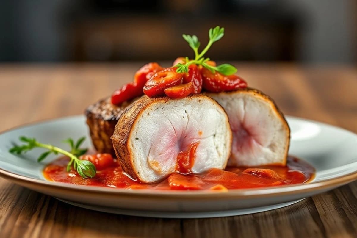 Tournedos de cerdo al portugués con salsa de vino tinto y mostaza cremosa