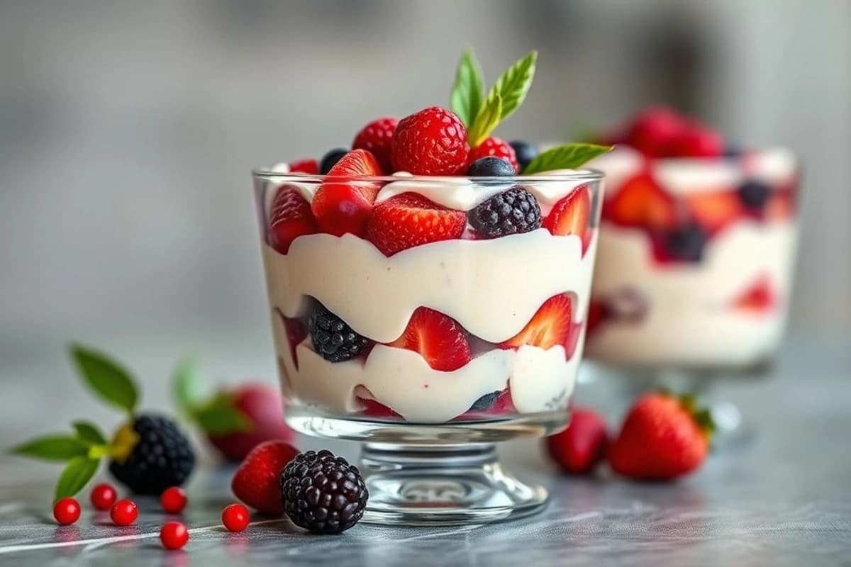 Trifle de Murta con Frutas Rojas y Mermelada de Arándano: Un Postre Británico de Lujo