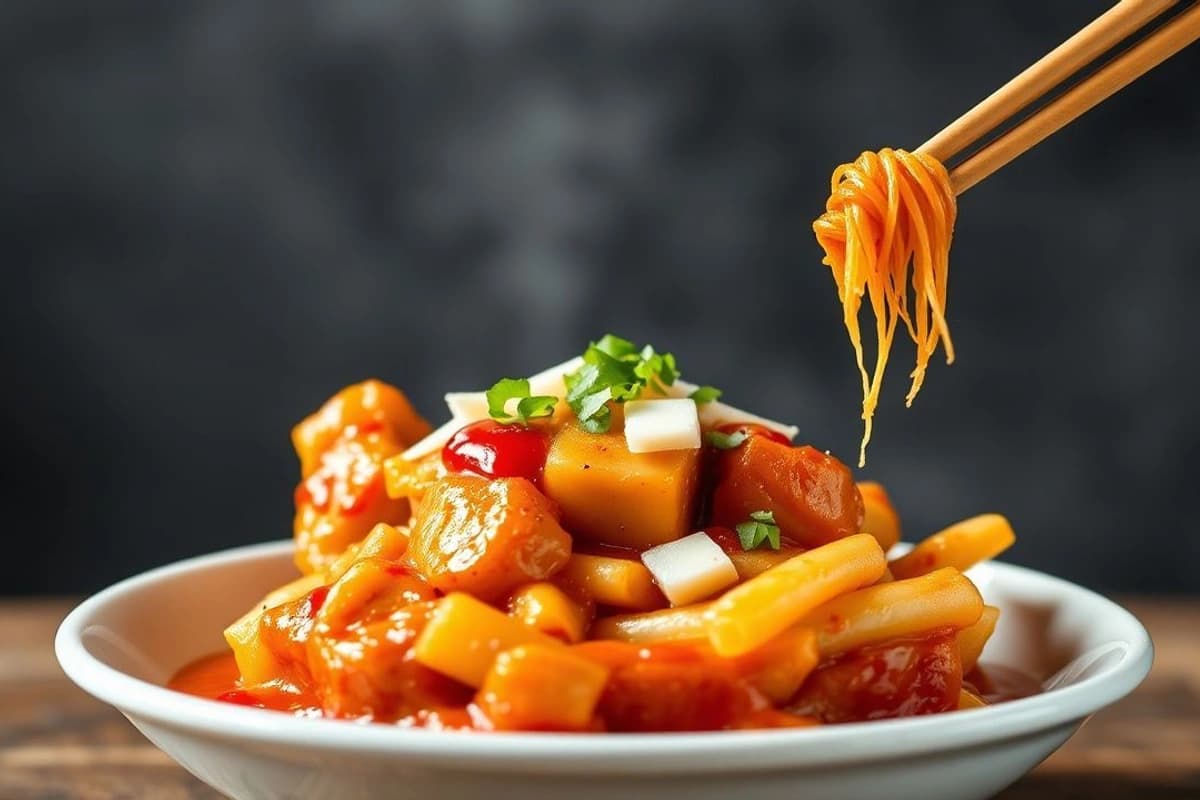 Tteokbokki de pollo con salsa de gochujang y queso rallado